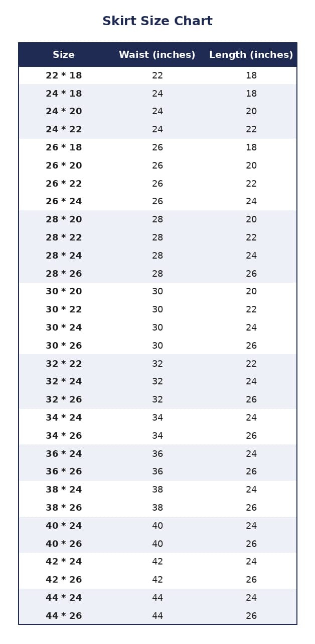 DAV skirt size chart showing 31 sizes by waist and length in inches